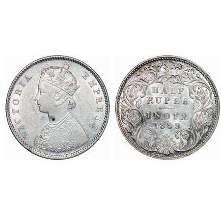 Victoria Empress, Silver, Half Rupee, 1899, Bombay Mint, A/I, 'B' incused, 'B' incused inv
