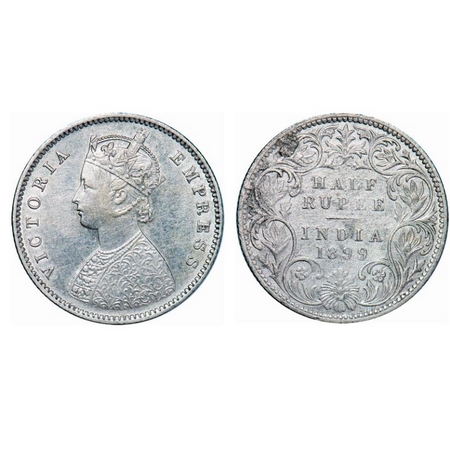 Victoria Empress, Silver, Half Rupee, 1899, Bombay Mint, A/I, 'B' incused, B incused inver