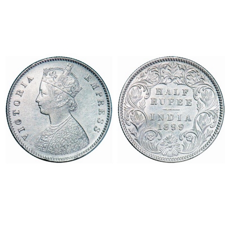 Victoria Empress, Silver, Half Rupee, 1899, Calcutta Mint, A/I, 'C' incused. GK 663. About