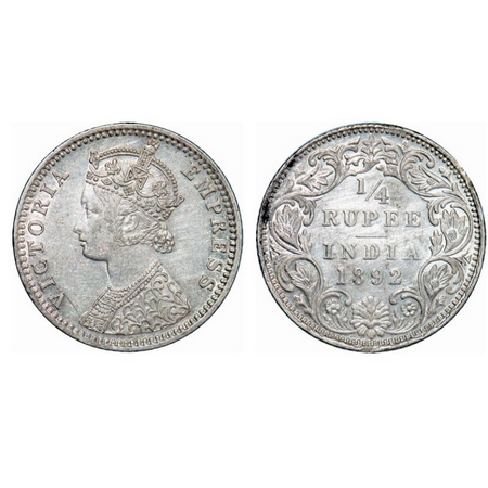 Victoria Empress, Silver, ¼ Rupee, 1892, Bombay Mint, C(i)/I, 'B' incused. GK 722. About U