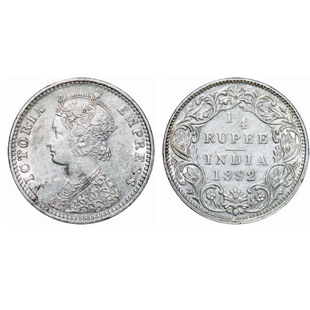 Victoria Empress, Silver, ¼ Rupee, 1892, Bombay Mint, C(i)/I, 'B' incused. GK 722. Almost 