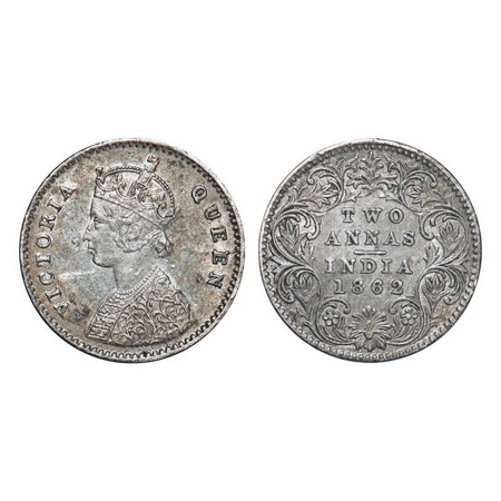 Victoria Queen, Silver, 2 Annas, 1862, Calcutta Mint, A/I, Bottom flower center top petal 