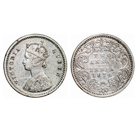 Victoria Queen, Silver, 2 Annas, 1874, Bombay Mint, A/I, Dot, Numerals 7 & 4 of year date 