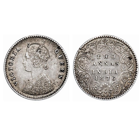 Victoria Queen, Silver, 2 Annas, 1876, Calcutta Mint, A/I, No mint mark. GK 745. Extremely