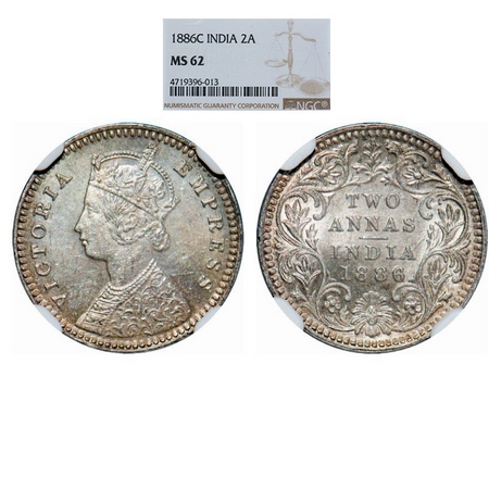 Victoria Empress, Silver, 2 Annas, 1886, Calcutta Mint, B/II, 'C' incused. GK 782. NGC Sla