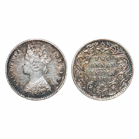 Victoria Empress, Silver, 2 Annas, 1901, Calcutta Mint, B/II, 'C' incused. GK 817. Extreme