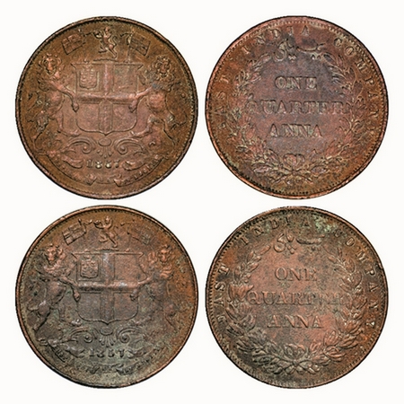 Victoria Queen, Copper, Quarter Anna, (2 coins), 1857, R. Heaton & Sons, Birmingham Mint, 
