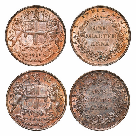 Victoria Queen, Copper, Quarter Anna, 1858, (2 Coins), J. Watt & Co., Birmingham Mint, Sin