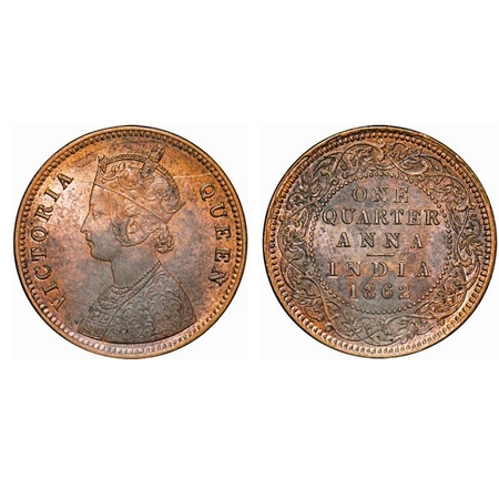 Victoria Queen, Copper, Quarter Anna, 1862, Calcutta Mint, A1/I, Tiny 'V' raised, No mint 
