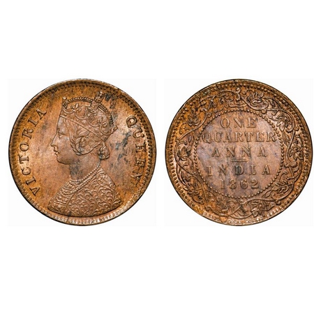 Victoria Queen, Copper, Quarter Anna, 1862, Bombay Mint, A/I, Tiny V incused, No mint mark