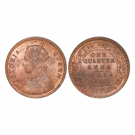 Victoria Queen, Copper, Quarter Anna, 1862, Madras Mint, A/I, No privy mark, No mint mark,