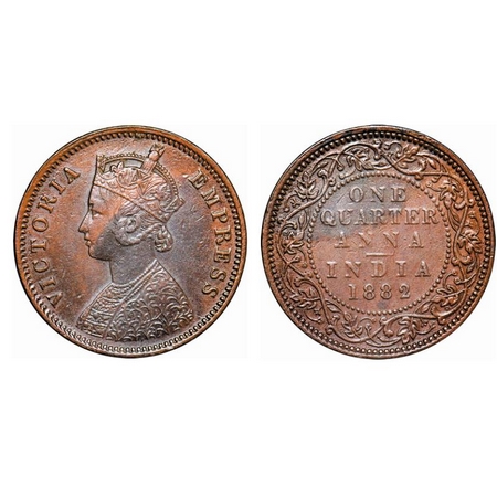 Victoria Empress, Copper, Quarter Anna, 1882, Bombay Mint, B/I, No mint mark. GK 834. Extr