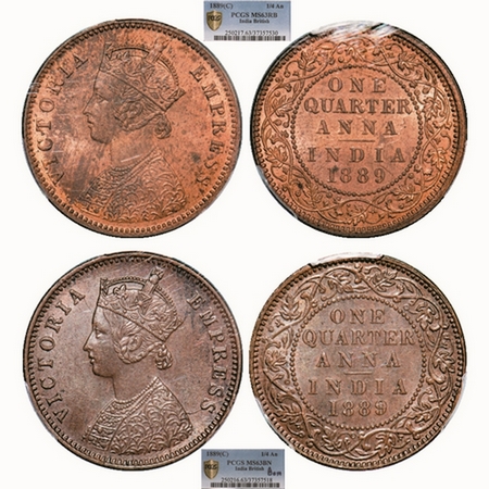 Victoria Empress, Copper, Quarter Anna, (2 slabs), 1889, 1) Bombay Mint, B/I, No mint mark