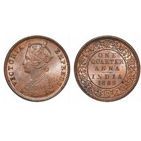 Victoria Empress, Copper, Quarter Anna, 1889, Calcutta Mint, B/II, No mint mark. GK 848. B