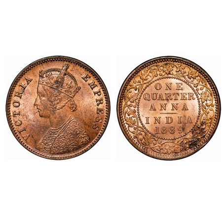 Victoria Empress, Copper, Quarter Anna, 1889, Calcutta Mint, B/II, No mint mark. GK 848. B