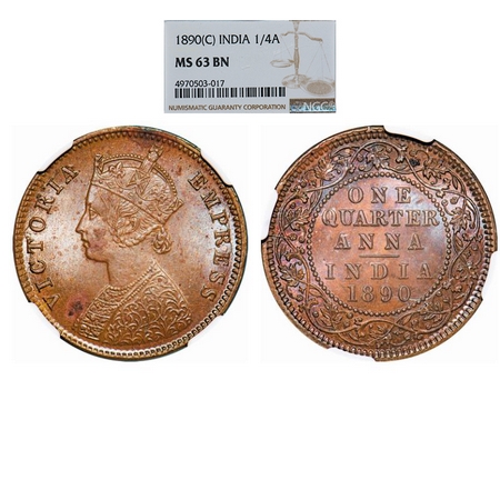 Victoria Empress, Copper, Quarter Anna, 1890, Calcutta Mint, B/II, No mint mark. GK 849. N