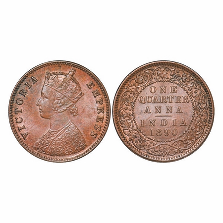 Victoria Empress, Copper, Quarter Anna, 1890, Calcutta Mint, B/II, No mint mark, Ghost on 