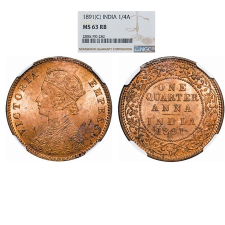 Victoria Empress, Copper, Quarter Anna, 1891, Calcutta Mint, B/II, No mint mark. GK 850. N
