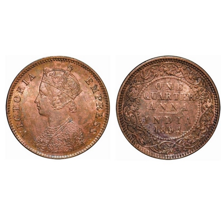 Victoria Empress, Copper, Quarter Anna, 1894, Calcutta Mint, B/II, No mint mark. GK 853. U