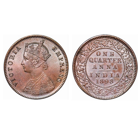 Victoria Empress, Copper, Quarter Anna, 1898, Calcutta Mint, B/II, No mint mark. GK 857. U