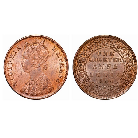 Victoria Empress, Copper, Quarter Anna, 1899, Calcutta Mint, B/II, No mint mark, Ghost on 