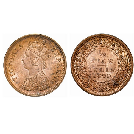 Victoria Empress, Copper, ½ pice, 1890, Calcutta Mint, A/I, No mint mark. GK 870. Brillian
