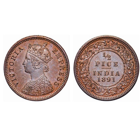 Victoria Empress, Copper, ½ Pice, 1891, Calcutta Mint, A/I, No mint mark, Ghost on Rev, Fe