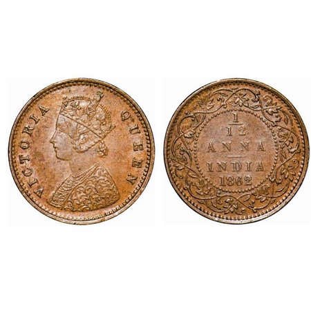 Victoria Queen, Copper, 1/12 Anna, 1862, Madras Mint, A/I. GK 405. Almost Uncirculated. Sc