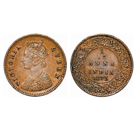 Victoria Queen, Copper, 1/12 Anna, 1875, Calcutta Mint, Obv A, No mint mark. GK 886. Extre