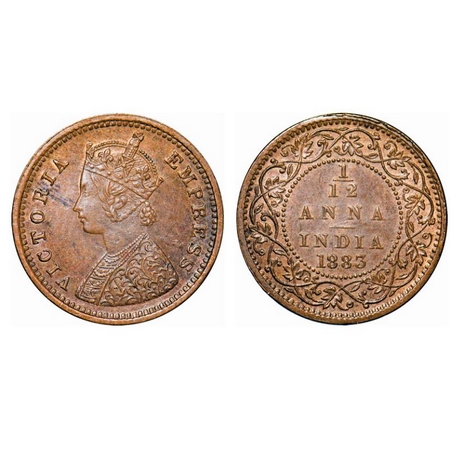 Victoria Empress, Copper, 1/12 Anna, 1883, Bombay Mint, Obv A, No mint mark. GK 895. About