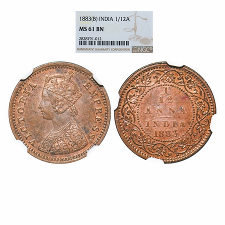 Victoria Empress, Copper, 1/12 Anna, 1883, Bombay Mint, Obv A, No mint mark. GK 895. NGC S