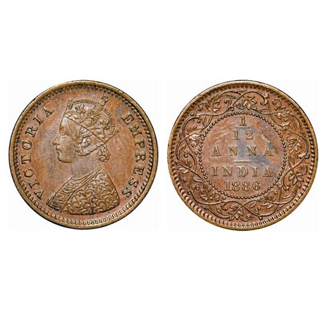 Victoria Empress, Copper, 1/12 Anna, 1886, Bombay Mint, Obv A, No mint mark, Planchet flaw
