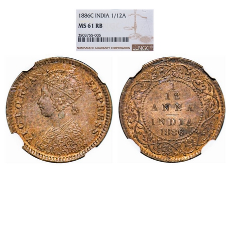 Victoria Empress, Copper, 1/12 Anna, 1886, Calcutta Mint, Obv 'B', 'C' incused. GK 902. NG