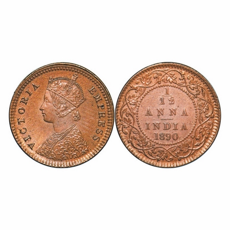 Victoria Empress, Copper, 1/12 Anna, 1890, Calcutta Mint, Obv B, No mint mark. GK 911. Unc