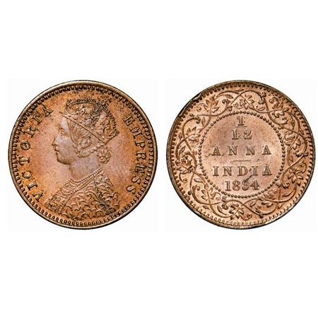 Victoria Empress, Copper, 1/12 Anna, 1894, Calcutta Mint, Obv B, No mint mark, Ghost on Re