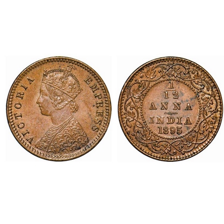 Victoria Empress, Copper, 1/12 Anna, 1895, Calcutta mint, Obv B, No mint mark. GK 916. Unc