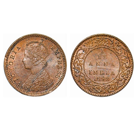 Victoria Empress, Copper, 1/12 Anna, 1898, Calcutta Mint, Obv B, No mint mark, A deep scra