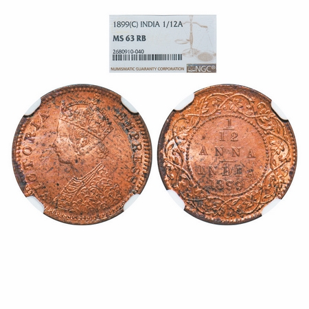 Victoria Empress, Copper, 1/12 Anna, 1899, Calcutta Mint, Obv B, No mint mark. GK 920. NGC
