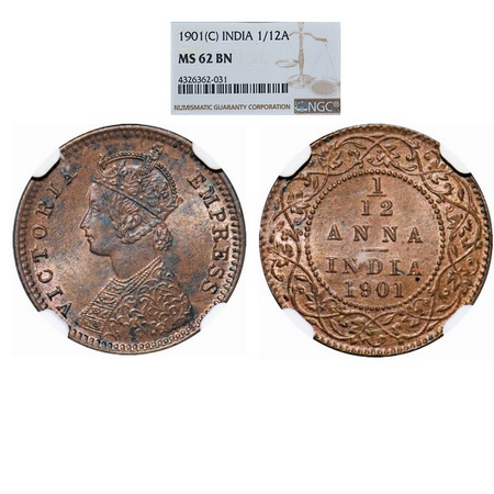 Victoria Empress, Copper, 1/12 Anna, 1901, Calcutta Mint, Obv B, No mint mark. GK 921. NGC
