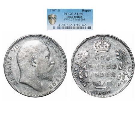 Edward VII, Silver, Rupee, 1907, Bombay Mint, 'B' incused and Dot. GK 943. PCGS Slabbed AU