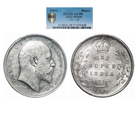 Edward VII, Silver, Rupee, 1909, Calcutta Mint, No mint mark. GK 950. PCGS Slabbed AU 58. 