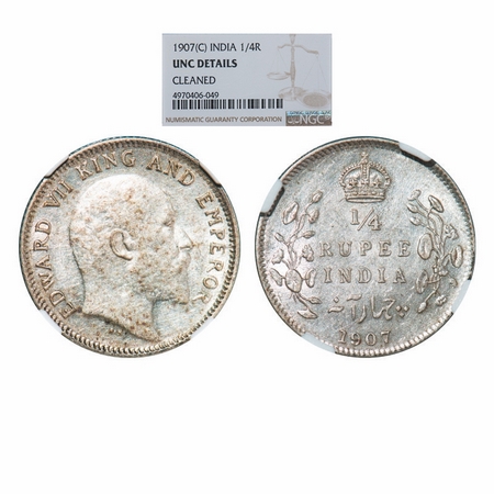 Edward VII, Silver, ¼ Rupee, 1907, Calcutta Mint, No mint mark, Die rotation on Rev. GK 97