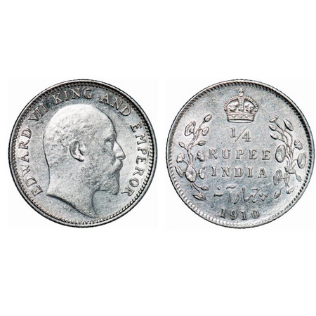 Edward VII, Silver, ¼ Rupee, 1910, Calcutta mint, No mint mark. GK 978. Almost Uncirculate