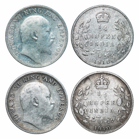 Edward VII, Silver, ¼ Rupee (2 coins), 1910, Bombay Mint, Dot. GK 979 (2). Very Fine to Ve