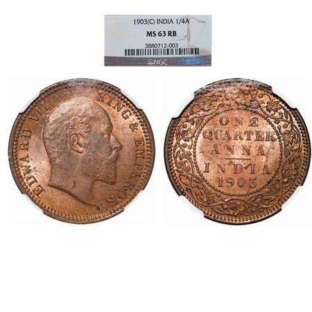 Edward VII, Copper, Quarter Anna, 1903, Calcutta mint, No mint mark. GK 994. NGC Slabbed M