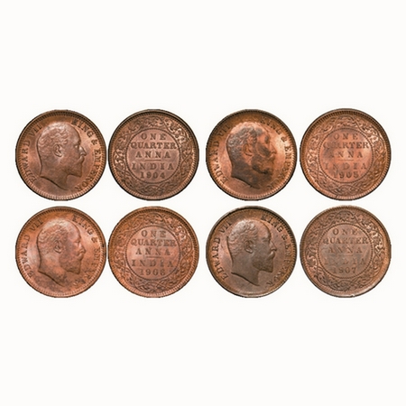 Edward VII, Mix Metal, Quarter Anna, (4 Coins), Calcutta Mint, No mint mark, 1) 1904, Die 