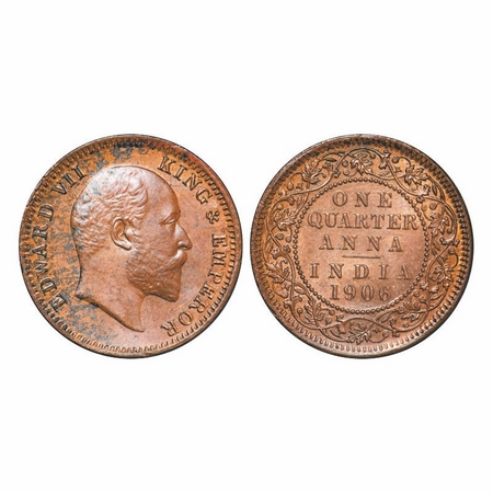 Edward VII, Copper, Quarter Anna, 1906, 6.65gm, Calcutta Mint, No mint mark, Error, Struck