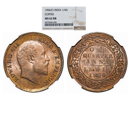 Edward VII, Copper, Quarter Anna, 1906, Calcutta Mint, No mint mark. GK 997. NGC Slabbed M