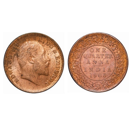 Edward VII, Copper, Quarter Anna, 1906, 6.45gm, Calcutta Mint, No mint mark, Ghost on Obv,
