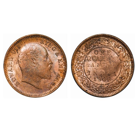 Edward VII, Copper, Quarter Anna, 1906, 6.45gm, Calcutta Mint, No mint mark, Ghost on Rev,